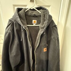 Carhartt Men's Black Sherpa Lined, Washed Duck, Relaxed Fit Hooded Jacket